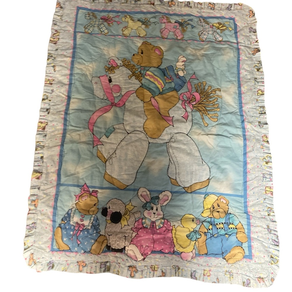 Vintage Jelly Bean Junction Chambray Bear Baby Quilt - Vintage Patchwork Backing